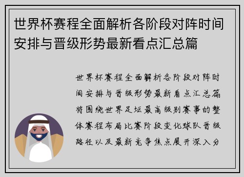 世界杯赛程全面解析各阶段对阵时间安排与晋级形势最新看点汇总篇 世界杯赛程全面解析各阶段对阵时间安排与晋级形势最新看点汇总篇